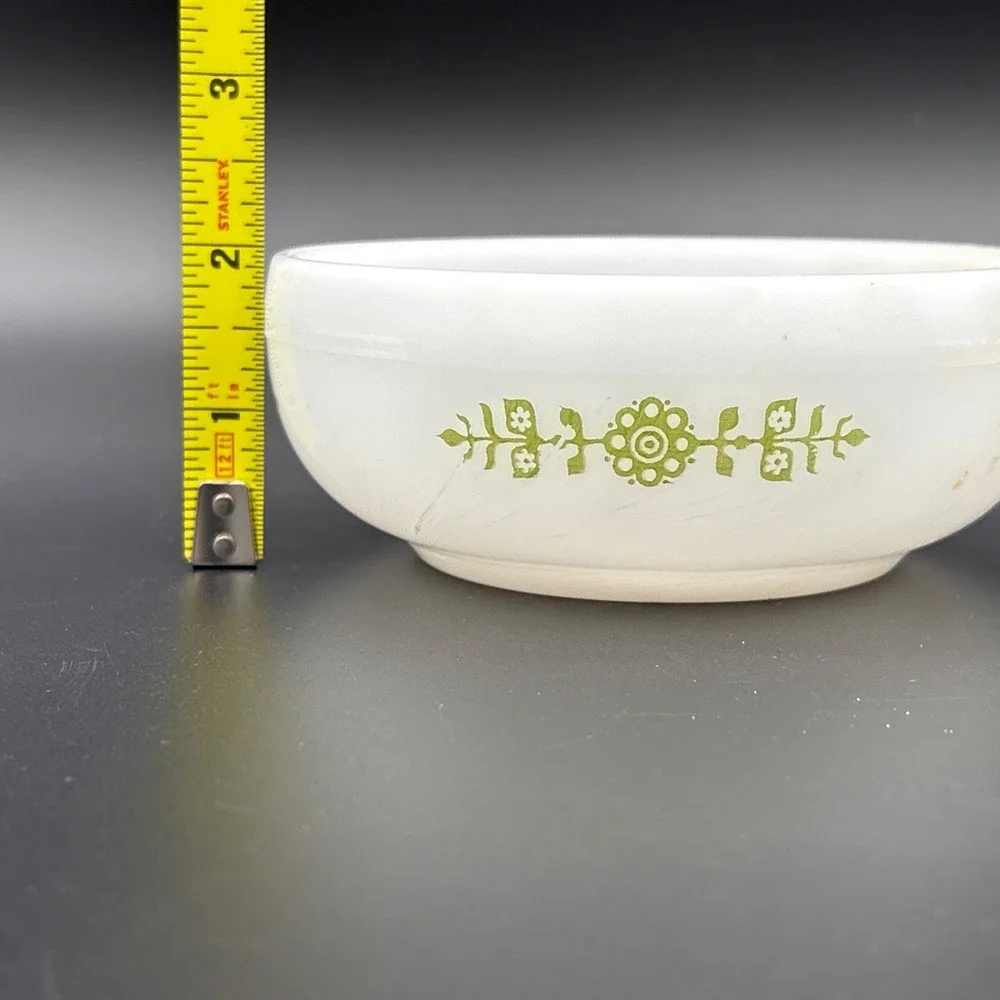 Vintage Glasbake Milk Glass Handled Soup Bowl Green Daisy Floral J-2639 MCM USA